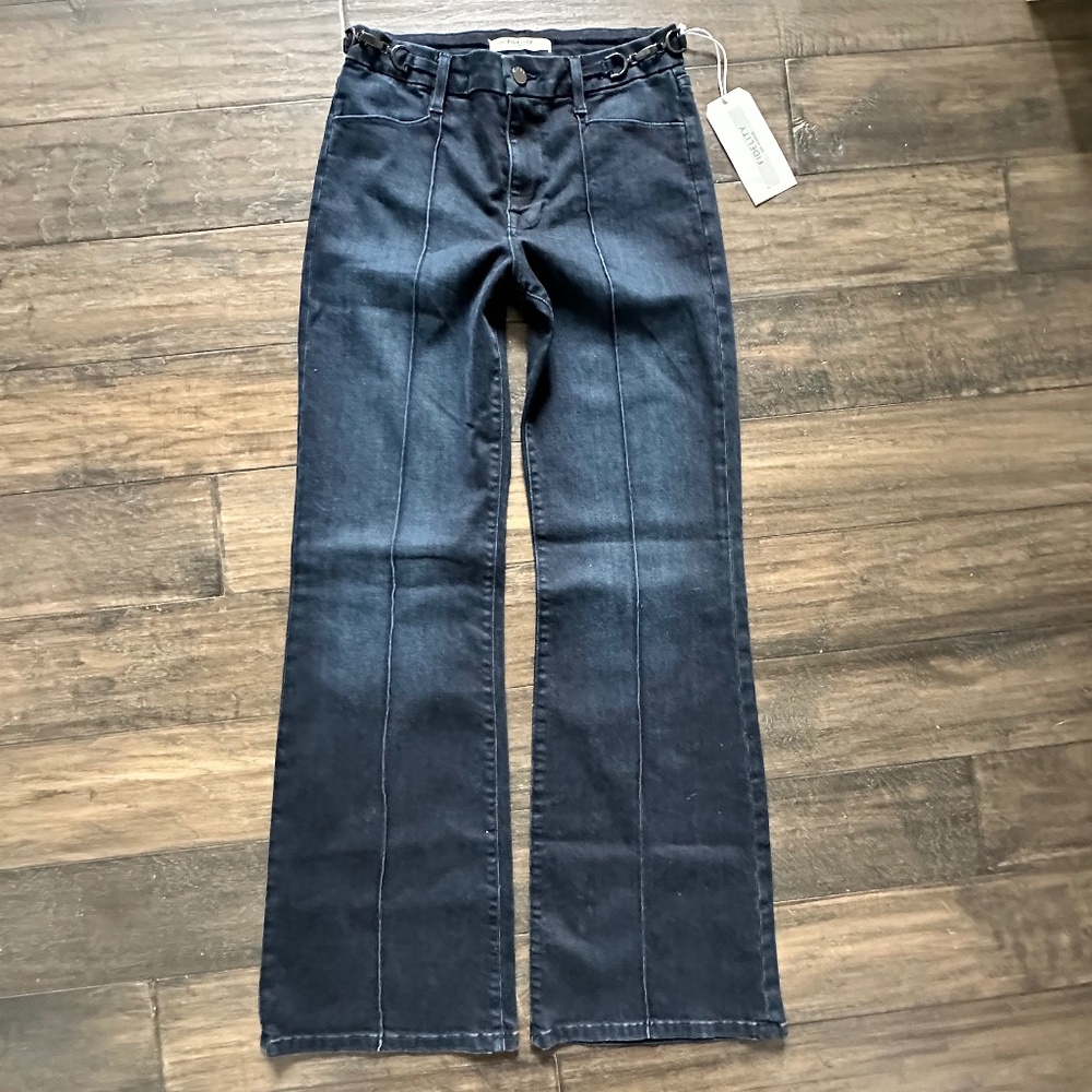 FIDELITY DENIM Chic Dark Wash Front Pleat Horsebit Belt Flare Jeans NWT $278!!